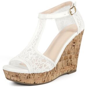 Lace Platform Wedges Open Toe T-Strap Wedge Heels Sandals White